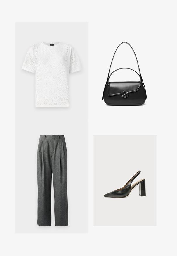 Camiseta de algodón blanca con un patrón perforado de formas curvas, manga corta y cuello redondo. Textura suave y corte holgado.; DRYKORN INK - Pantalones - grey; Zapato de mujer slingback de piel negra con puntera puntiaguda y tacón alto grueso de bloque sobre fondo blanco.; Bolso de hombro de cuero negro con una solapa curva asegurada por un broche metálico redondo y una correa delgada y ajustable.
