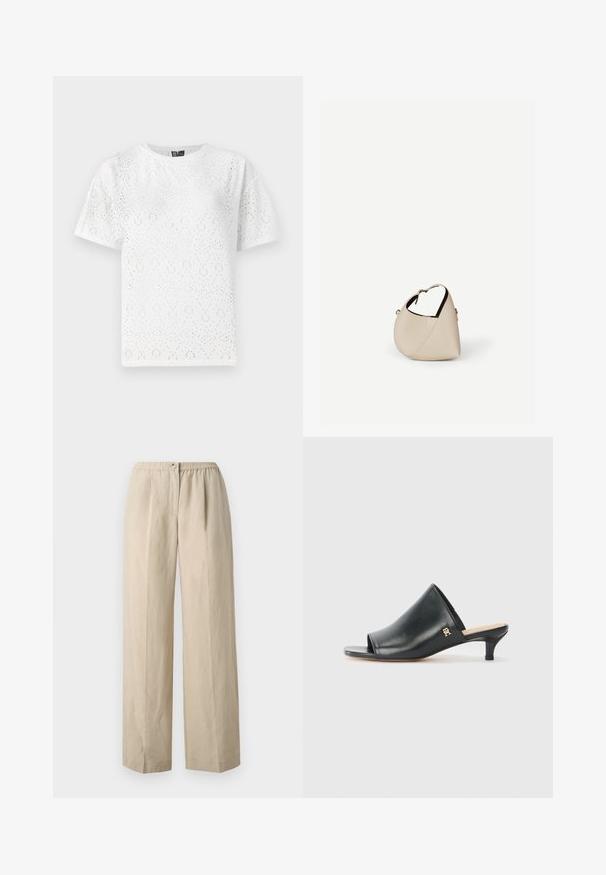 Camiseta de algodón blanca con un patrón perforado de formas curvas, manga corta y cuello redondo. Textura suave y corte holgado.; Pantalones de pierna ancha beige, hechos de una tela suave, con una cintura elástica fruncida y un cierre con botón en la parte delantera. Textura suave con pliegues.; Mules de cuero negro de punta abierta con un tacón bajo. Presentan una superficie lisa y un acento del logo dorado en el costado.; Bolso de cuero beige en forma de media luna con una sola correa para el hombro y costuras mínimas, colocado sobre un fondo blanco liso.