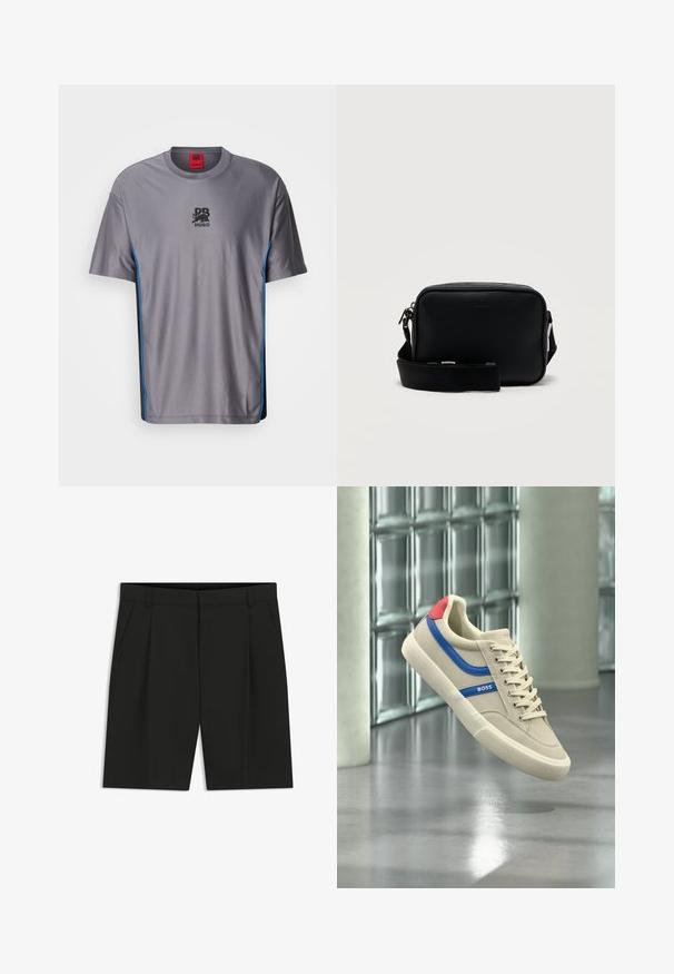 Grijze mesh t-shirt met korte mouwen, voorzien van een zwart logo op de voorkant en blauwe accenten langs de zijnaad.; Zwarte, op maat gemaakte knielange shorts met riemlussen, zijzakken en een voorplooidetail op een witte achtergrond.; Beige sneaker met een blauwe streep, rode hieltab, witte zool en veters, met merknaam "BOSS", zwevend boven een gepolierde vloer in een moderne industriële ruimte.; Zwarte rechthoekige leren crossbodytas met verstelbare riem en zilveren rits op een effen lichte achtergrond.