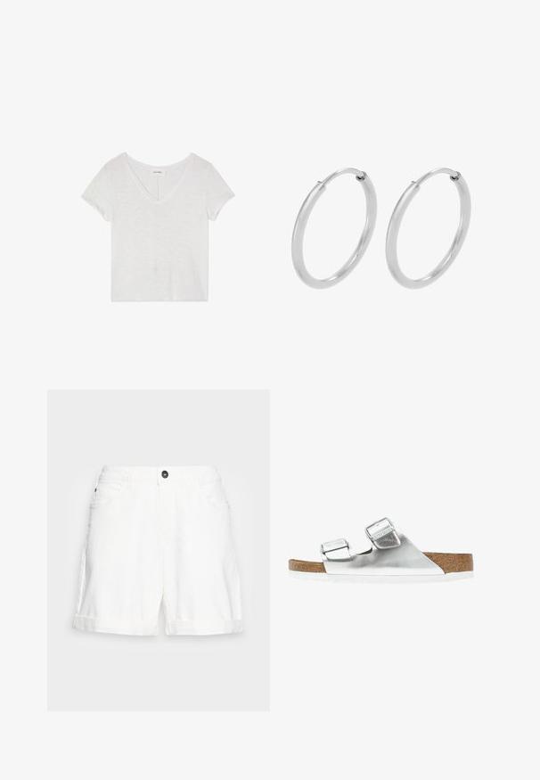 Camiseta cortada blanca con escote en V y mangas cortas, hecha de una tela ligera y ligeramente texturizada. Mínimas etiquetas visibles cerca del cuello.; Shorts de mezclilla blanca con dobladillo doblado, diseño de cinco bolsillos y un botón negro en la cintura. Textura suave y corte casual.; Sandalia metálica plateada con dos correas ajustables, planta de corcho y suela blanca. Superficie superior suave con un acabado brillante.; Pendientes de aro de plata, forma circular, textura lisa y brillante, y ancho constante en toda su extensión. Diseño minimalista sin acentos adicionales.