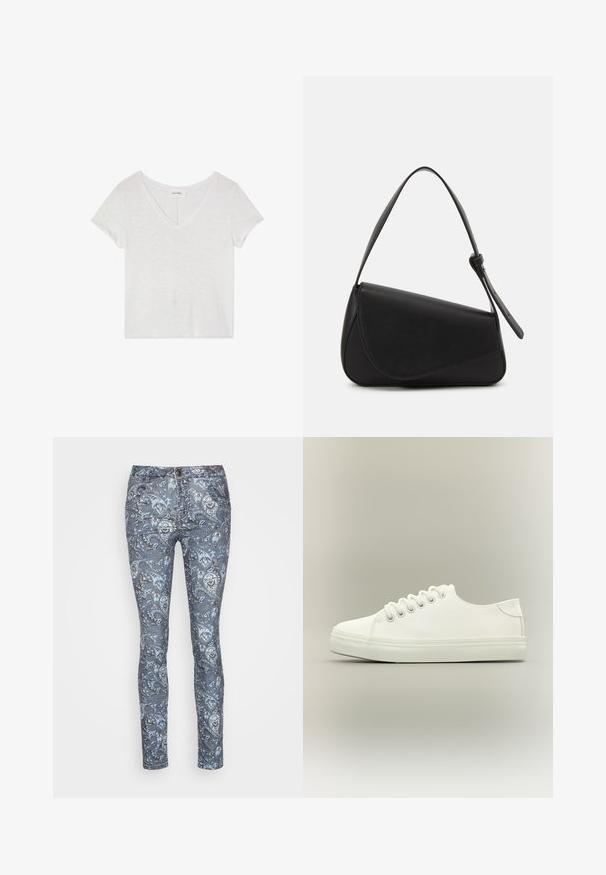 Hvid cropped t-shirt med v-udskæring og korte ærmer, lavet af let, let struktureret stof. Minimale mærker synlige nær kraven.; Mos Mosh PAISLEY PANT - Bukser - big dipper; Hvid lavtop sneaker med hvide snørebånd og gummisål vist fra siden på en neutral baggrund.; Sort læderhåndtaske med en triangular form, skrå klap og et rundt håndtag. Har en glat overflade og minimalistiske design detaljer.