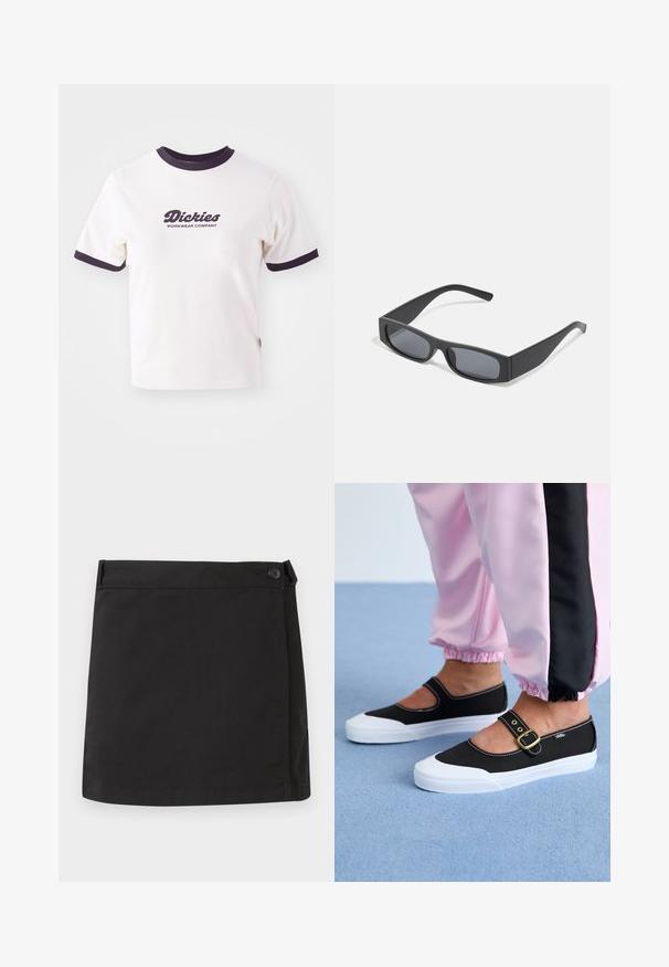 Hvid T-shirt med mørkeblå ribbet krave og ærmer. Har en stor grafisk tekstlogo i mørkeblå, "Dickies WORKWEAR COMPANY."; Sort bomulds mininederdel med sidelukning med knapper og lige kant, vist fladt på hvid baggrund.; Sorte lærredssko med en hvid sål, der har et udskæringsdesign og et guldspænde. Bæret med lyserøde træningsbukser.; Sorte rektangulære solbriller med mørke linser og tykke matte stel. Armen er let tilspidset med en glat overflade.