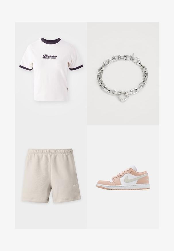 Hvid T-shirt med mørkeblå ribbet krave og ærmer. Har en stor grafisk tekstlogo i mørkeblå, "Dickies WORKWEAR COMPANY."; Lyse beige atletikshorts med elastisk talje og lille hvid Nike Swoosh-logo på nederste højre ben.; Jordan AIR JORDAN 1 - Sneakers - white/light bone/particle beige; Sølvringe armbånd med store led og et hjerteformet midtpunkt besat med klare krystaller. Inkluderer sikker lås.