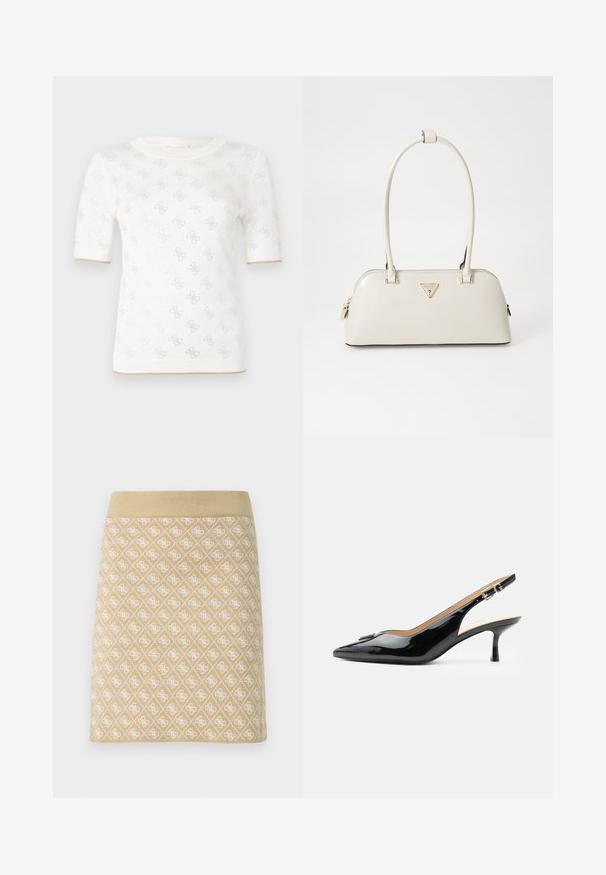 Top de punto blanco de manga corta con un patrón sutil, que presenta un escote redondo y un acento dorado en el dobladillo. La textura parece ligera y transpirable.; Falda de punto en color beige claro con un patrón de diamantes texturizado en blanco. Presenta una cinturilla sólida y un diseño ajustado.; Tacón slingback de charol negro con puntera puntiaguda, tacón pequeño tipo kitten y correa con hebilla plateada sobre un fondo blanco liso.; Bolso de cuero sintético de color crema con forma curvada, dos asas superiores y un logo triangular en tonos dorados en la parte frontal. Detalle de cierre con cremallera.