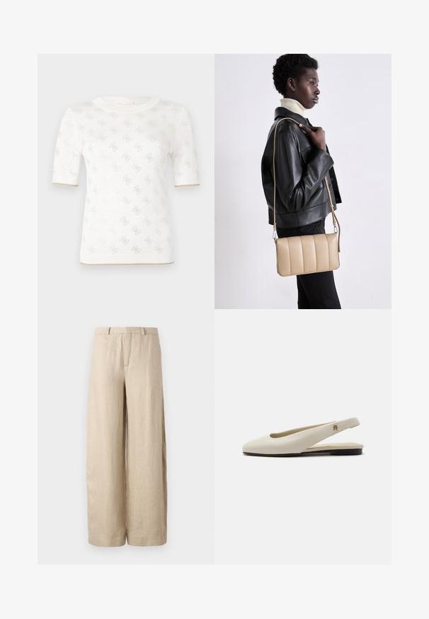 Gebreide witte top met korte mouwen en een subtiel patroon, met een ronde halslijn en een gouden accent aan de zoom. De stof lijkt lichtgewicht en ademend.; Beige wijde linnen broek. Voorzien van een middenplooi, twee zijzakken en een tailleband met riemlussen. Gladde textuur.; Crèmekleurige leren slingback platte schoen met ronde neus en klein gouden embleem op het bandje.; Beige leren crossbody tas met een gequilt ontwerp, rechthoekige vorm, dunne schouderband en zilverkleurige hardware, gedragen door een persoon in een zwarte jas.