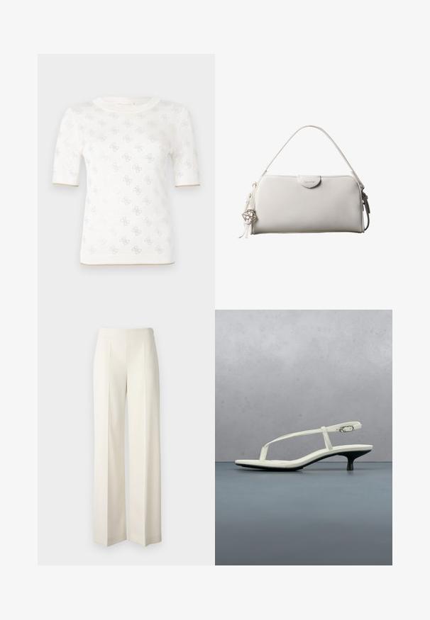 Haut tricoté blanc à manches courtes avec un motif subtil, doté d'un col rond et d'un accent doré à l'ourlet. La texture semble légère et respirante.; Pantalons larges blancs en tissu lisse avec plis avant. Conçus avec une taille haute et une finition soignée.; Sandale blanche à talon kitten avec des lanières et un bout pointu, flottant au-dessus d'un sol en carrelage en bois en plein air avec un arrière-plan flou de plante et de mur.; Sac à main rectangulaire blanc Calvin Klein avec une seule poignée, design minimaliste et pampilles décoratives avec un charm métallique géométrique sur le côté.