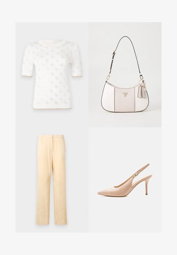 Haut tricoté blanc à manches courtes avec un motif subtil, doté d'un col rond et d'un accent doré à l'ourlet. La texture semble légère et respirante.; Pantalons lâches de couleur jaune clair avec un motif de feuilles subtil. Dotés d'une taille élastique et d'une coupe droite. Texture lisse.; Chaussure slingback beige en cuir verni à talon haut avec bout pointu et petit détail de boucle dorée sur la bride.; Sac à main blanc texturé avec une forme courbée, dotée d'une sangle noire, de ferrures dorées et d'étiquettes de marque attachées.
