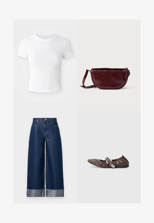 Weißes, kurzärmeliges, cropped T-Shirt mit Rundhalsausschnitt, auf einem neutralen, hellen Hintergrund präsentiert.; Dunkelblaue, weite Jeans mit hohem Bund, Fünf-Taschen-Design und umgekrempelten Säumen, die ein helleres Innenfutter zeigen.; Braunes Lackleder-Ballerina mit spitzem Zeh, elastischem Schleifendetail und silberner Schnallenakzent an der Seite. Schwarze Gummisohle.; Dunkelroter Lederhandtasche in halbmondförmiger Form mit Reißverschluss und abnehmbarem Tragegurt. Glatte Textur mit dezentem Glanz.