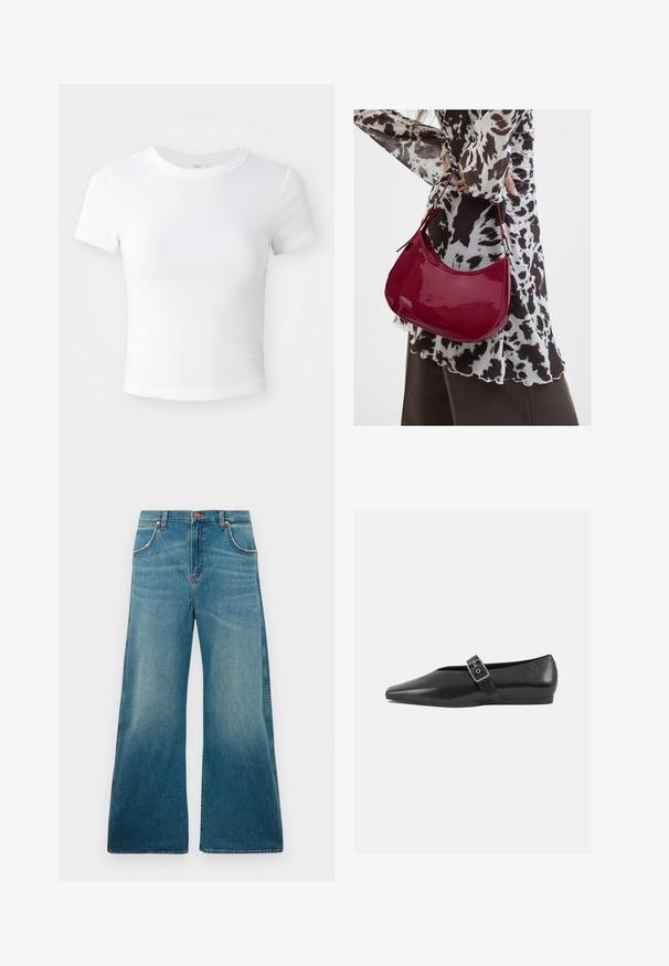 Weißes, kurzärmeliges, cropped T-Shirt mit Rundhalsausschnitt, auf einem neutralen, hellen Hintergrund präsentiert.; Hochtaillierte blaue Jeans aus Denim mit weitem Bein, frontalen Taschen, Knopfverschluss und einem verblassten Farbverlauf von der Taille bis zum Saum.; Schwarze Lederflachschuhe mit spitzem Zehenbereich, ausgestattet mit einem metallischen Riemen über dem Spann und einer niedrigen, flexiblen Sohle.; Frau trägt eine schwarz-weiß gemusterte Bluse und hält eine glänzende rote Schultertasche vor einem einfarbigen Hintergrund.