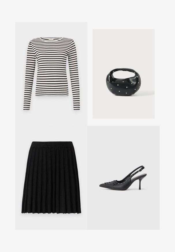 Zwart-wit gestreepte lange mouwen shirt met een ronde hals en een aansluitende ribbelstructuur. Evenwichtige streepbreedte in het hele shirt.; Vero Moda Knitted VMMARINA Short - Minirok - black; Zwarte leren slingback stiletto met spitse neus, zijgesp met gesp, studs langs de rand en decoratieve veters aan de voorkant.; Zwarte leren handtas met een afgeronde vorm, versierd met zilveren studs, en een korte handgreep. Gladde textuur en ritsluiting.