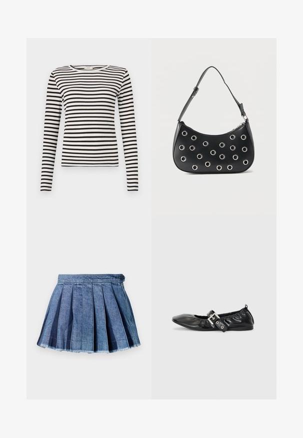 Zwart-wit gestreepte lange mouwen shirt met een ronde hals en een aansluitende ribbelstructuur. Evenwichtige streepbreedte in het hele shirt.; Blauwe denim geplooide minirok met een knoop- en zijritsluiting, met een rafelige zoomdetail.; Zwarte leren platte schoen met een spitse neus, geplooide details rond de opening en een zilveren gespaccentueerde verstelbare band.; Zwarte leren schoudertas met verstelbare riem, voorzien van zilveren metalen oogjes en een ritssluiting bovenaan.