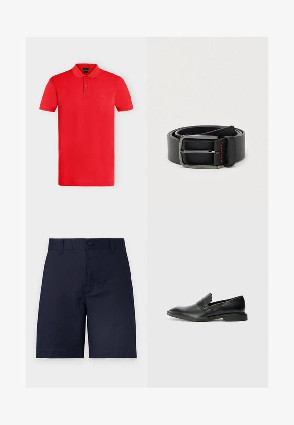 Polo rouge à manches courtes avec col, patte de boutonnage à deux boutons et logo BOSS subtil sur la poitrine, présenté sur fond gris clair uni.; Shorts bleu marine longueur genou avec fermeture à boutons, passants pour ceinture et design avant lisse sur un fond clair uni.; Mocassins en cuir noir avec une texture lisse, un nez pointu et un petit talon rectangulaire. Présente un détail de bande horizontale sur le dessus.; Ceinture en cuir noir avec une boucle argentée et des coutures rouges, enroulée sur un fond clair uni.