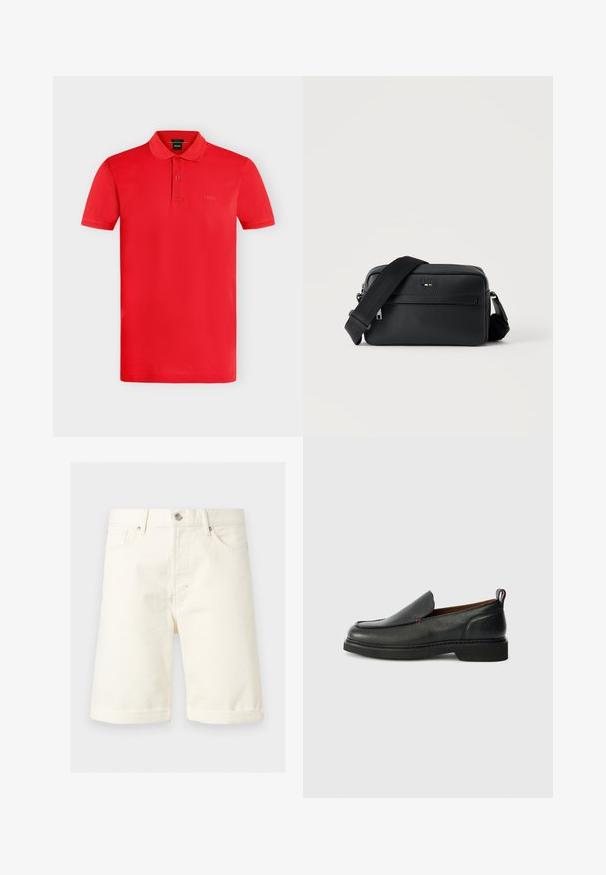 Polo rouge à manches courtes avec col, patte de boutonnage à deux boutons et logo BOSS subtil sur la poitrine, présenté sur fond gris clair uni.; Short en denim couleur crème jusqu'aux genoux avec poches avant, passants de ceinture, fermeture par bouton et ourlets retournés.; Chaussure slip-on en cuir noire avec un bout rond, un dessus texturé, des coutures rouges contrastantes et un petit talon. Présente une languette en boucle.; Sac bandoulière en cuir noir texturé avec poche avant zippée et bandoulière large en tissu réglable sur fond blanc.