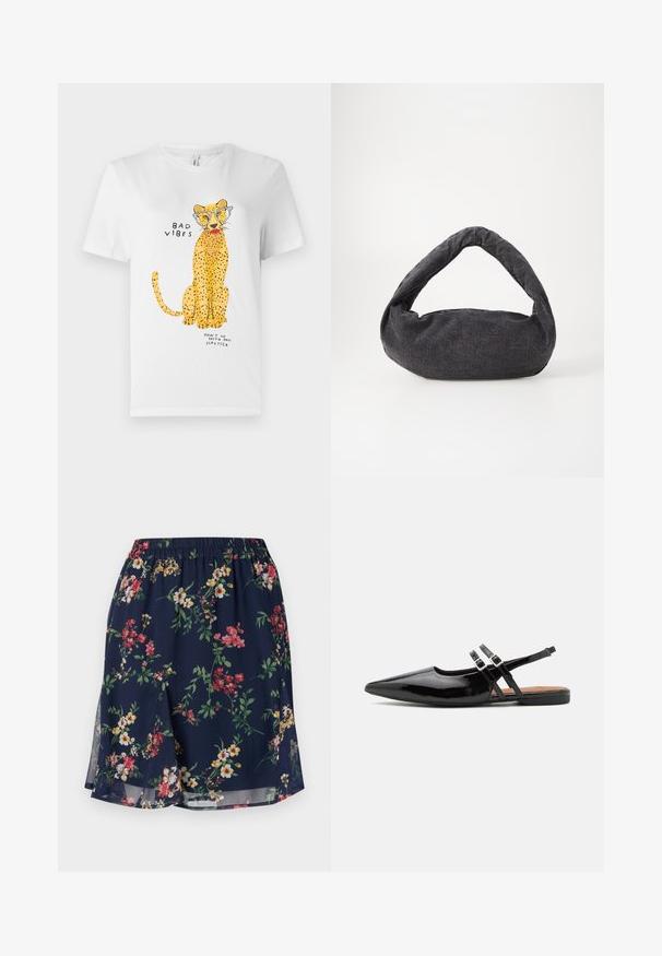 T-shirt en coton blanc arborant un graphique de léopard jaune portant des lunettes, avec le texte "MAUVAISES VIBES" et "NE VA PAS AVEC MON ROUGE À LÈVRES."; Jupe florale avec une taille élastique, présentant un fond marine orné de motifs floraux rouges, jaunes et verts. Tissu léger.; Des chaussures slingbacks en cuir verni noir présentent un bout pointu, deux sangles avec des accents de boucle, et une semelle plate.; Sac en tissu gris foncé avec une anse courbée, texture douce et forme arrondie. Pas de matériel ou d'embellissements visibles.
