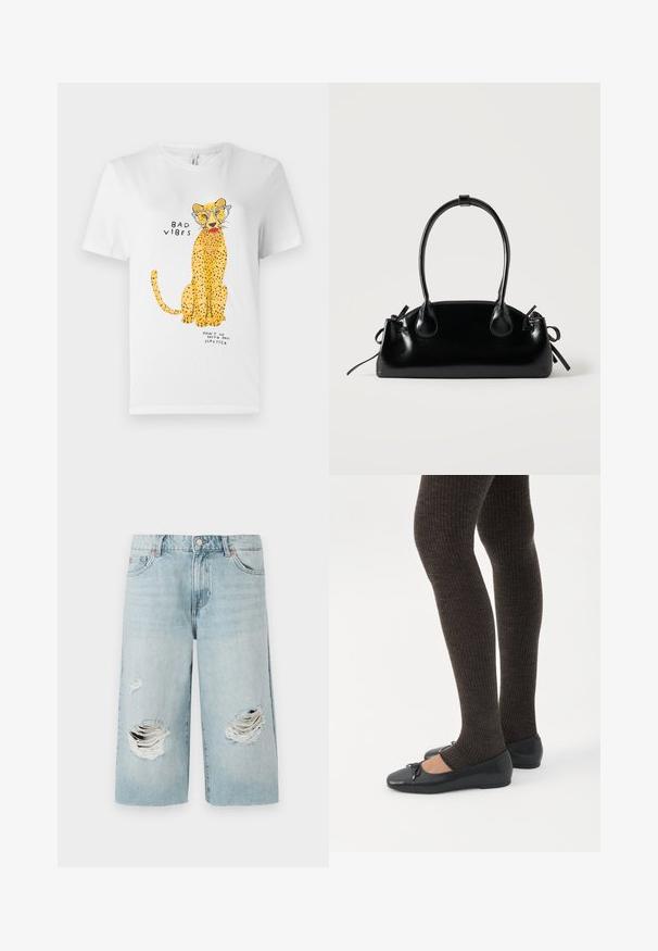T-shirt en coton blanc arborant un graphique de léopard jaune portant des lunettes, avec le texte "MAUVAISES VIBES" et "NE VA PAS AVEC MON ROUGE À LÈVRES."; Shorts en denim bleu clair à coupe ample, présentant deux grandes déchirures sur le devant. Cinq poches et fermoir en métal visible.; Jambes portant des leggings côtelés foncés associés à des ballerines noires avec de petits détails en nœud sur fond blanc.; Petit sac à main noir brillant avec deux longues anses et des détails à cordon sur les côtés sur un fond clair uni.