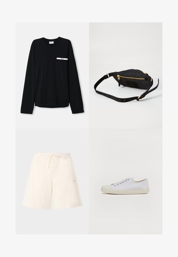 Camiseta negra de manga larga hecha de algodón. Cuenta con un bolsillo delantero con una franja blanca y logo. Diseño sencillo y clásico con cuello redondo.; Pantalones cortos color crema hechos de un tejido suave, con una cintura elástica con cordón, bolsillos laterales y un corte relajado.; Zapatilla de lona blanca con punta redonda, suela plana de goma crema, seis ojetes para cordones y sutiles detalles de costura en la parte superior.; Bolso cruzado de tela negra con cremalleras doradas, acentos de ante, forma rectangular, correa ajustable y superficie texturizada.