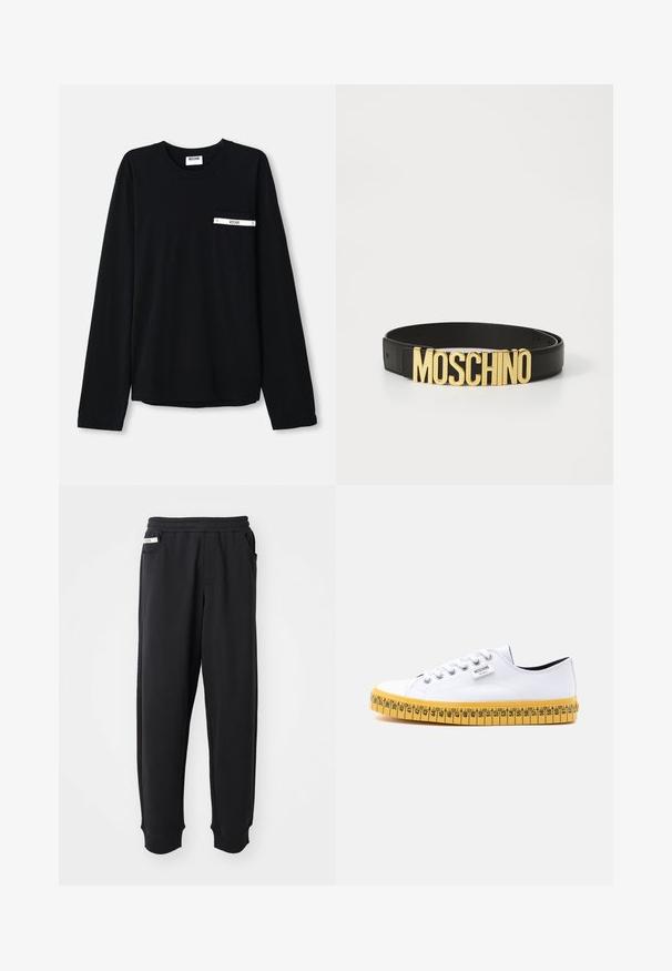 Zwart T-shirt met lange mouwen, gemaakt van katoen. Heeft een voorzak met een witte accentstreep en logo. Eenvoudig, klassiek ontwerp met een ronde hals.; Zwarte sweatpants van zachte stof, met een elastische tailleband, zijzakken en geribbelde boorden bij de enkels. Minimalistisch ontwerp.; Witte lage canvas sneaker met witte veters en een gele zool, ontworpen om eruit te zien als een meetlint met maatmarkeringen.; Zwarte leren riem met een grote gouden "MOSCHINO" logo gesp, gladde textuur, verstelbare maat en minimalistisch ontwerp.