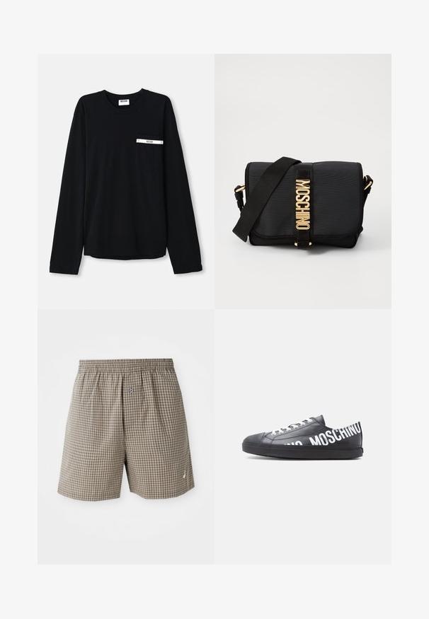 Camiseta negra de manga larga hecha de algodón. Cuenta con un bolsillo delantero con una franja blanca y logo. Diseño sencillo y clásico con cuello redondo.; Pantalones cortos a cuadros marrones con una cinturilla elástica, bolsillos laterales y un pequeño detalle de logo cerca del dobladillo. Tejido ligero.; Zapatilla deportiva negra de corte bajo con cordones blancos y "MOSCHINO" impreso en grandes letras blancas a lo largo del lateral y el talón.; Bolso bandolera negro hecho de nylon con una textura suave. Presenta herrajes dorados y el logotipo "MOSCHINO" en la correa frontal. Incluye una correa ajustable.