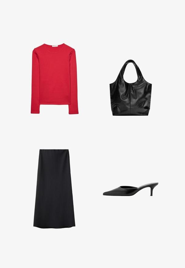 T-shirt rouge à manches longues en coton doux. Présente un col rond et une coupe ajustée. Texture lisse sans motifs ni accents visibles.; Jupe midi noire en ligne A avec une texture lisse et une ceinture simple, présentée sur fond blanc.; Mule en cuir noir à bout pointu, avec un petit talon fin et un design sans contrefort pour enfiler facilement.; Sac fourre-tout en cuir noir avec une texture lisse, un haut arrondi doux et de larges poignées. Présente une couture minimale et une silhouette décontractée.