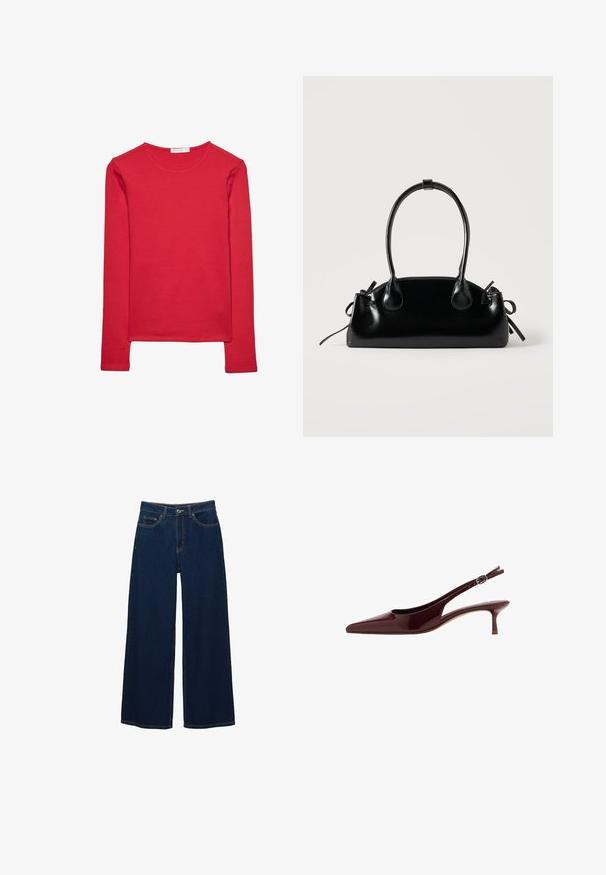 T-shirt rouge à manches longues en coton doux. Présente un col rond et une coupe ajustée. Texture lisse sans motifs ni accents visibles.; Jean large à jambes larges bleu foncé en denim ; doté de poches avant et d'une fermeture à bouton ; coutures apparentes le long des coutures ; sans motifs ni ornements.; Chaussure slingback à petit talon en cuir verni marron foncé avec bout pointu et bride réglable à boucle.; Petit sac à main noir brillant avec deux longues anses et des détails à cordon sur les côtés sur un fond clair uni.