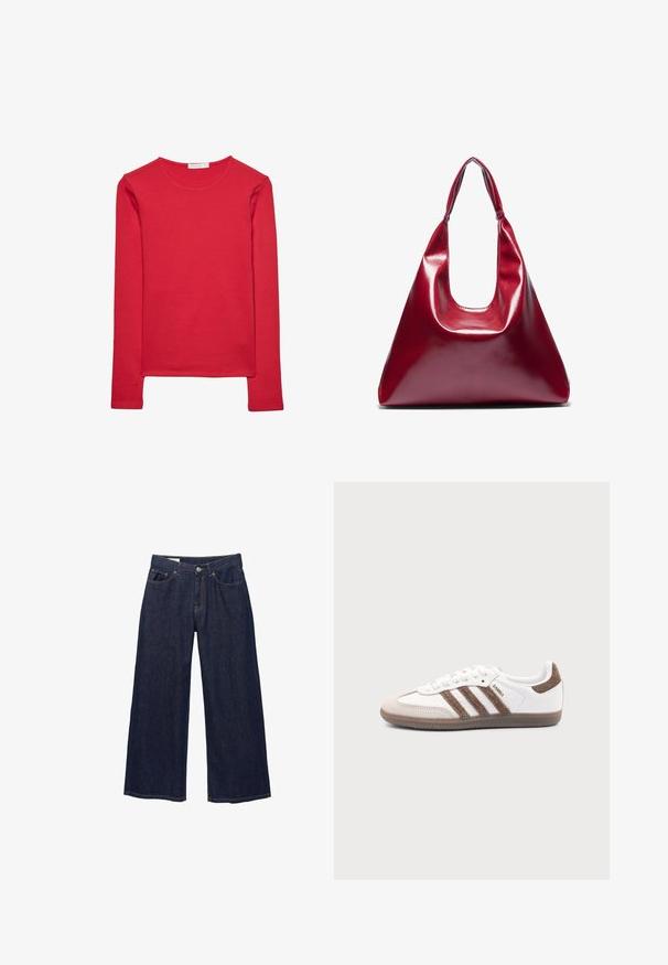 T-shirt rouge à manches longues en coton doux. Présente un col rond et une coupe ajustée. Texture lisse sans motifs ni accents visibles.; Jean en denim bleu foncé à jambes larges avec poches avant, passants pour ceinture et fermeture à bouton.; Baskets Adidas Samba blanches avec des bandes en daim marron, semelle en caoutchouc marron et bout en daim beige, vues du côté extérieur sur un fond uni.; Sac à main en cuir laqué rouge de forme triangulaire, avec une large ouverture en haut et une seule anse courbée. Texture lisse avec des détails de couture minimaux.