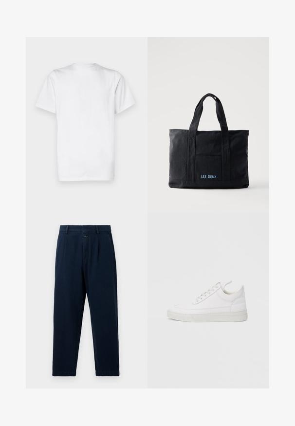 Hvid bomulds T-shirt, korte ærmer, rund hals, enkel design, glat tekstur, standard lige snit.; CLOSED BLOMBERG - Baggy jeans - dark blue; Hvid lædersneaker med rundet tå, flad sål og snørebånd foran. Har syningsdetaljer og polstret krave for komfort.; Sort lærredstaske med to håndtag, forlomma og "LES DEUX" broderet i blåt på forlommen.