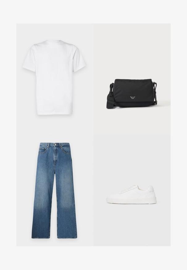 Camiseta blanca de algodón, de manga corta, con cuello redondo, diseño sin adornos, textura suave, corte recto estándar.; Jeans de denim azul de pernera ancha con un diseño clásico de cinco bolsillos, cierre frontal con botón y un ligero desgastado para dar textura.; Zapatilla blanca con parte superior de cuero suave, puntera redondeada, cordones, acentos laterales texturizados y suela de goma gruesa. Diseño minimalista.; Bolso bandolera negro con correa ajustable y pequeño emblema de logo plateado en la solapa frontal, mostrado sobre un fondo claro y liso.