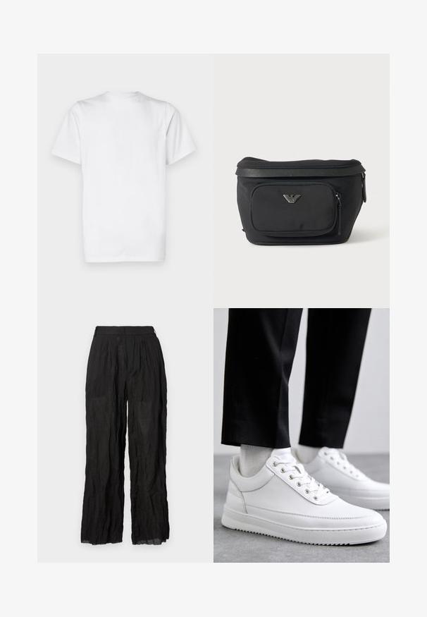 Hvid bomulds T-shirt, korte ærmer, rund hals, enkel design, glat tekstur, standard lige snit.; Sorte linned brede bukser med en struktureret overflade. Har en elastisk talje og diskrete folder.; Hvide lædersneakers med en flad gummisål, der har en glat overflade, rund tå og metaløjer til snørebånd. Bæret med sorte bukser.; Sort bæltetaske med frontlynlåslomme og sølv ørn-logo, glat stof med tekstureret kant og lynlåstræk.