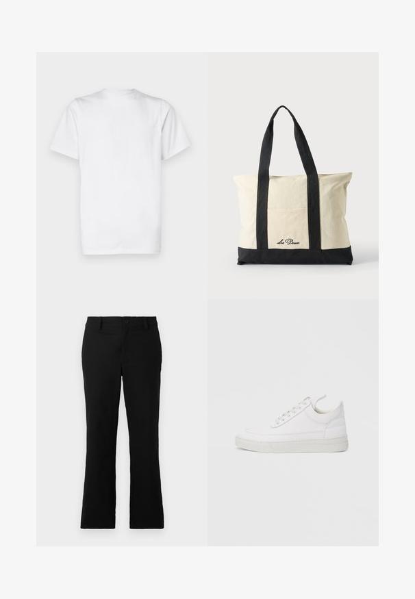 Camiseta blanca de algodón, de manga corta, con cuello redondo, diseño sin adornos, textura suave, corte recto estándar.; Pantalones de campana negros hechos de una mezcla de algodón, con cierre de botón, trabillas para el cinturón y una textura suave sin patrones visibles.; Zapatilla blanca de cuero con punta redondeada, suela plana y cierre de cordones. Presenta detalles de costuras y un cuello acolchado para mayor comodidad.; Bolsa de lona con asas largas negras, ribete negro en la parte inferior y bolsillo delantero con logo "Les Deux" en letra negra.