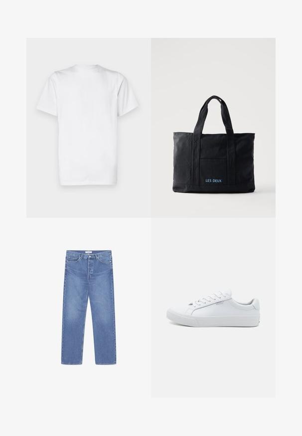 Valge puuvillane T-särk, lühikesed varrukad, ümardatud kaelus, lihtne disain, sile tekstuur, standardne sirge lõige.; WOOD WOOD WW TYPE 2 DENIM STRAIGHT LEG - Sirgete säärtega teksad - ocean; Valge nahkkingadega tossud, millel on sile viimistlus, madal disain, ümar varvas ja lame kummitald. Omavad lamedaid paelu ja minimaalset brändingut.; Mustast lõuendist õlakott kahe sangaga, esitasku ja sinise tikandiga "LES DEUX" esitaskul.