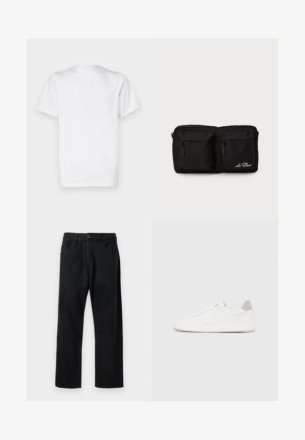 Camiseta blanca de algodón, de manga corta, con cuello redondo, diseño sin adornos, textura suave, corte recto estándar.; Pantalones vaqueros negros de denim, con un diseño clásico de cinco bolsillos, corte recto y cierre de botón. Textura suave, sin patrones visibles.; Zapatilla blanca de corte bajo con pestaña en el talón gris, cordones blancos y suela texturizada, presentada sobre un fondo claro y liso.; Pouch de tela negra con dos bolsillos frontales con cremallera, texto bordado, forma rectangular, textura duradera y diseño discreto.