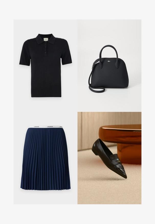 Calvin Klein FINE GAUGE - Polokošeľa - black; Námornícky plisovaný sukňa s textúrovaným dizajnom, elastickým pásom s logom "LACOSTE" a hladkou tkaninou.; Čierny kožený mokasín so špicatou špičkou a strapcovým detailom, umiestnený na béžovom koberci pri okrúhlom oranžovom sklenenom stole.; Čierna kabelka vyrobená z textúrovaného materiálu, s dvoma hornými uchami a odnímateľným ramenným popruhom, s akcentom strieborného loga.