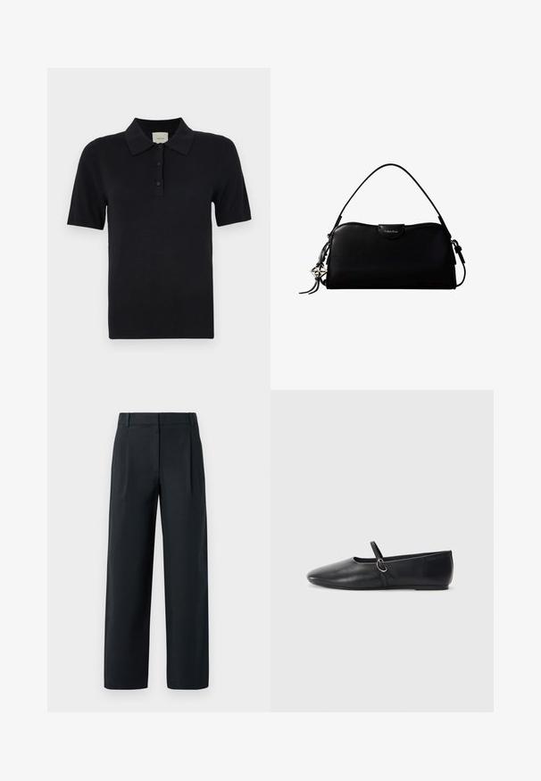 Calvin Klein FINE GAUGE - Polo - black; Pantalon noir ajusté avec une coupe droite, présentant des plis avant, une texture lisse et des passants de ceinture. Pas de poches visibles.; Ballerines noires en cuir avec un bout pointu, une semelle plate et une petite sangle avec un détail de boucle en argent.; Sac à main rectangulaire noir Calvin Klein avec une seule sangle supérieure, un charm logo argenté et une petite fermeture à rabat sur le devant.