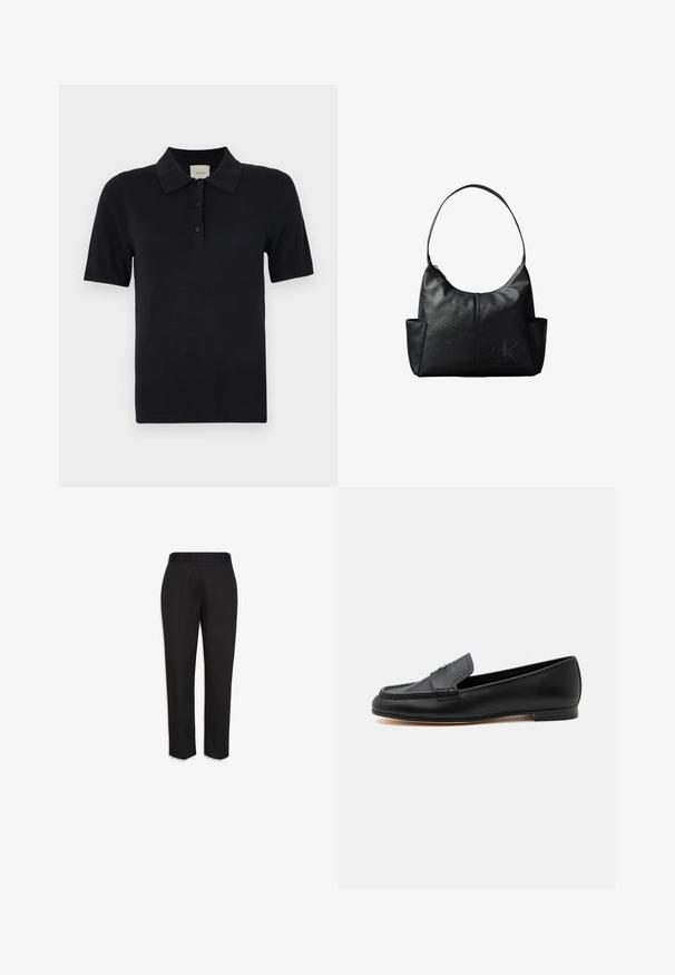 Calvin Klein FINE GAUGE - Polokošeľa - black; Čierne na mieru ušité spoločenské nohavice s opaskovými pútkami, rovnými nohavicami a vyžehlenými záhybmi, zobrazené na bielom pozadí.; Čierny kožený mokasín s nízkym podpätkom, prešitými detailmi a malým kovovým akcentom na hornej časti priehlavku.; Čierna kožená taška cez rameno s jedným remienkom, bočnými vreckami a jemným vystupujúcim logom Calvin Klein vpredu v pravom dolnom rohu.