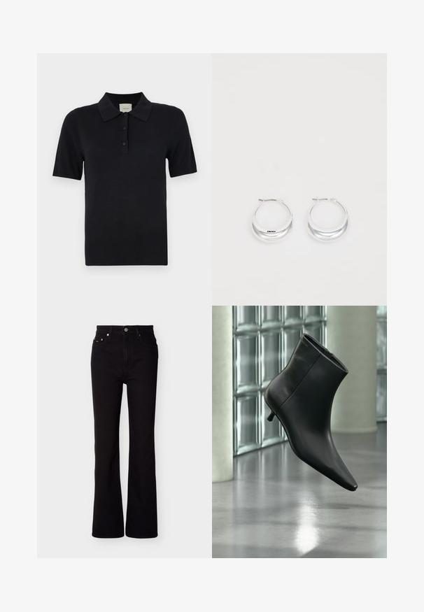 Calvin Klein FINE GAUGE - Polokošeľa - black; Čierne rozšírené rifle z denimu s vysokým pásom, ktoré majú päť vreciek a kovové zapínanie na gombík. Hladká textúra, rovný strih od kolena nadol.; Čierna kožená členková čižma so špicatou špičkou a nízkym kitten podpätkom, zobrazená šikmo na pozadí leštenej podlahy a steny zo sklenených blokov.; Strieborné kruhové náušnice s lesklým povrchom a značkou DKNY, vystavené na rovnom bielom pozadí.