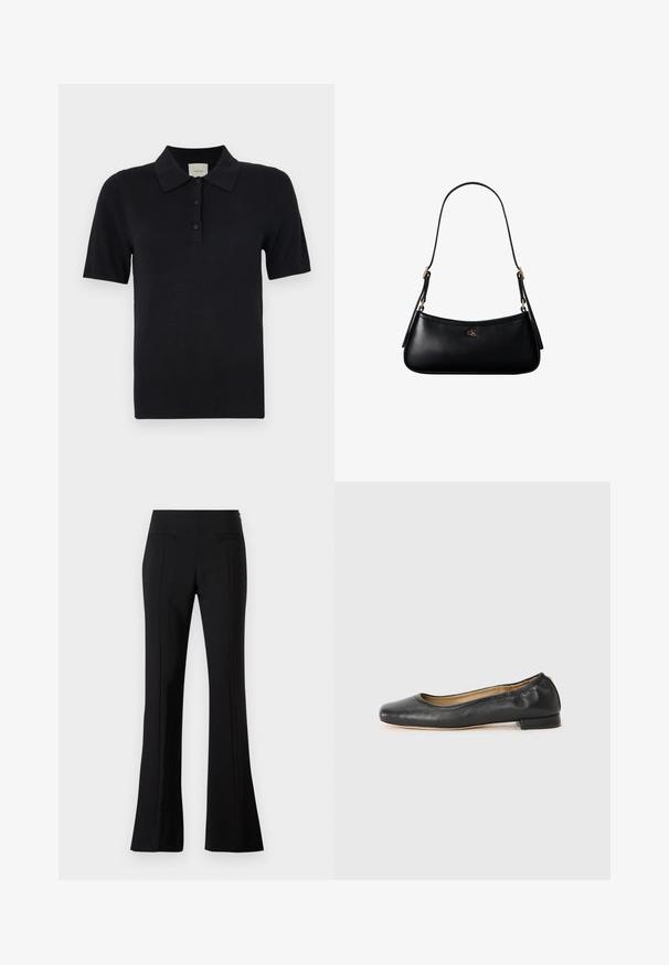 Calvin Klein FINE GAUGE - Polokošeľa - black; Čierne rozšírené nohavice vyrobené z hladkej látky s vysokým pásom, ktoré majú dve zadné vrecká a záhyb na prednej strane každej nohy.; Čierne kožené baletky s okrúhlou špičkou a minimálnym šitím. Nízky, obdĺžnikový podpätok a hladká textura. Diskrétny detail podšívky vnútri.; Čierna kožená mini kabelka cez rameno s tenkým remienkom a malým zlatým logom CK v strede na prednej strane.