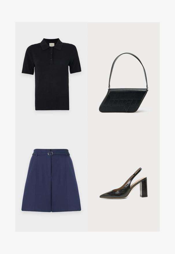 Calvin Klein FINE GAUGE - Polo - black; Shorts ajustés bleu marine avec une ceinture, dotés d'une passante de ceinture, de détails plissés et d'une texture de tissu lisse. Coupe droite standard.; Chaussure slingback en cuir noir à bout pointu avec un talon bloc haut et une doublure intérieure beige sur un fond clair uni.; Sac d'épaule en cuir noir de forme triangulaire, avec un logo embossé et une seule bandoulière réglable. Design minimaliste avec une texture lisse.