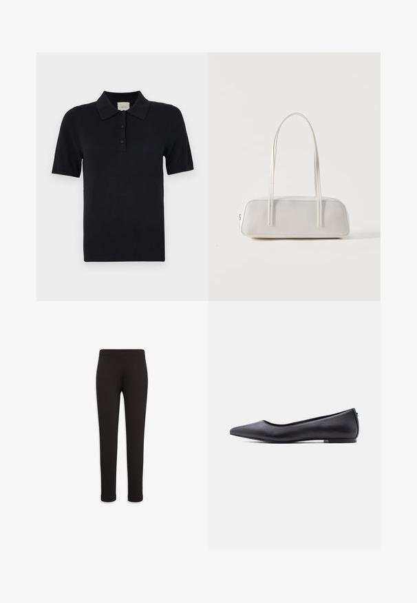 Calvin Klein FINE GAUGE - Polokošeľa - black; Čierne legíny s hladkou textúrou látky, priliehavým strihom a elastickým pásom; dĺžka až po členky s jednoduchým, bez ozdôb štýlom.; Čierna kožená balerína s špičatou špičkou a nízkym podpätkom, zobrazená z profilu na bielom pozadí.; Biela obdĺžniková ramenná taška s dlhými tenkými remienkami, minimálnym prešívaním a zatváraním na zips na jednoduchom pozadí.