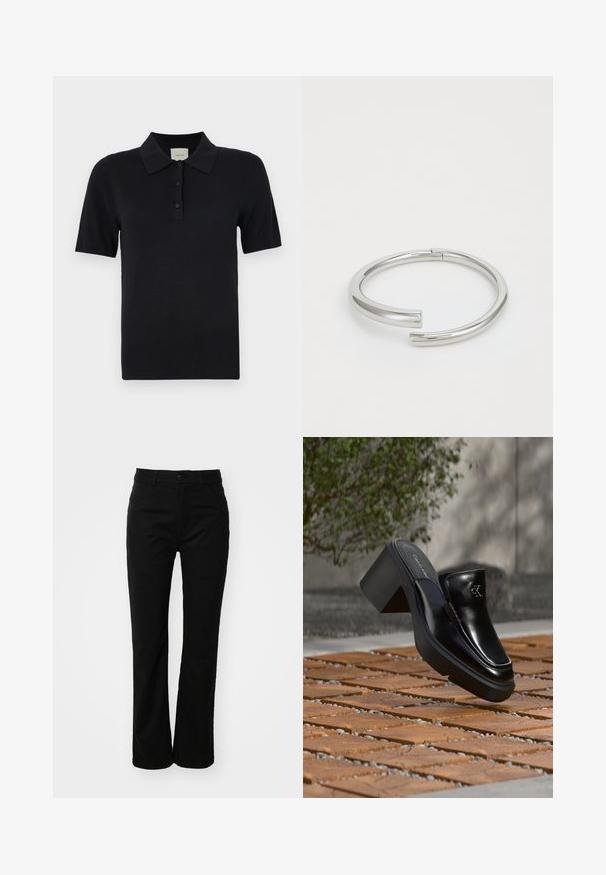 Calvin Klein FINE GAUGE - Polokošeľa - black; Čierne bavlnené nohavice s rovnými nohavicami, s predným zapínaním na gombík, pútkami na opasok a dvoma postrannými vreckami. Hladká textúra.; Čierne kožené šľapky Calvin Klein s blokovým podpätkom, ktoré oddychujú na drevených dlaždiciach vonku blízko zelenej rastliny a šedej steny.; Calvin Klein SPIRAL - Náramok - silver-coloured