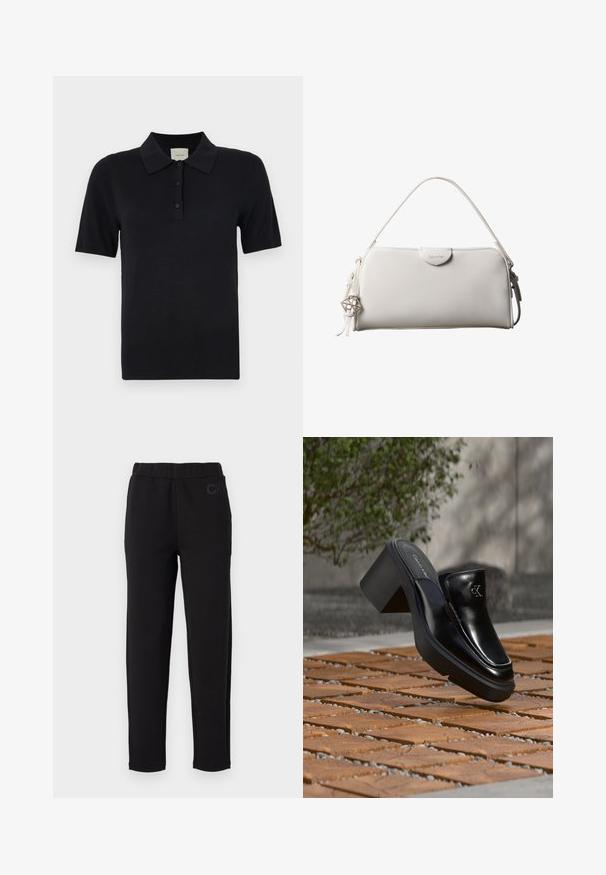 Calvin Klein FINE GAUGE - Polokošeľa - black; Čierne tepláky s elastickým pásom, vyrobené z mäkkej tkaniny. Na prednej strane je jemné logo "CK". Dlhé nohavice rovného strihu.; Čierne kožené šľapky Calvin Klein s blokovým podpätkom, ktoré oddychujú na drevených dlaždiciach vonku blízko zelenej rastliny a šedej steny.; Biela obdĺžniková kabelka Calvin Klein s jedným rúčikom, minimalistickým dizajnom a dekoratívnymi strapcami s geometrickým kovovým príveskom na boku.