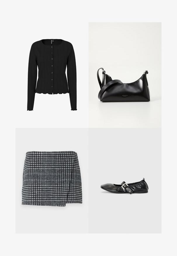 Schwarze Strickjacke mit langen Ärmeln, rippierter Textur, rundem Ausschnitt und gewelltem Saum. Mit Knopfleiste und dezenten Details.; Woll-Minirock mit einem schwarz-weißen Pepita-Muster, gerader Schnitt mit einem leichten asymmetrischen Saum und strukturiertem Stoff.; Schwarze Leder-Ballerinas mit spitzem Zehenbereich, gerafften Details am Schaft und einem silbernen Schnallenakzent am verstellbaren Riemen.; Schwarze lederne Handtasche mit glatter Textur. Verfügt über einen verstellbaren Riemen und ein elegantes, minimalistisches Design mit einem Reißverschluss.
