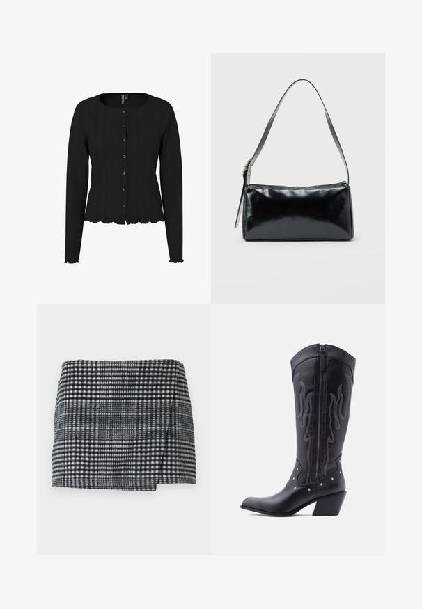 Schwarze Strickjacke mit langen Ärmeln, rippierter Textur, rundem Ausschnitt und gewelltem Saum. Mit Knopfleiste und dezenten Details.; Woll-Minirock mit einem schwarz-weißen Pepita-Muster, gerader Schnitt mit einem leichten asymmetrischen Saum und strukturiertem Stoff.; Schwarze Cowboy-Stiefel aus Leder mit spitzer Zehenpartie, sichtbarer Nahtführung, silbernen Nietenakzenten und Reißverschluss auf der Innenseite.; Schwarze rechteckige Schultertasche mit einem verstellbaren Riemen und einem oberen Reißverschluss vor einfachem Hintergrund.