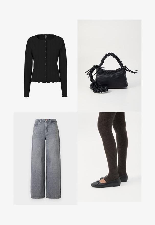 Sort langærmet cardigan med ribbet tekstur, rund halsudskæring og bølget kant. Har knaplukning foran og diskret detaljering.; Bredde ben denim jeans i en falmet grå vask, med fem lommer, en knaplukning og en blød tekstur med subtile fældningsdetaljer.; Ben iført mørke ribbede leggings kombineret med sorte balletsko med små sløjfedetaljer på hvid baggrund.; Sort kunstlæder håndtaske med krokodilteksur, indsnøret top og en sammenkrøben rem. Ser blød og kompakt ud i designet.