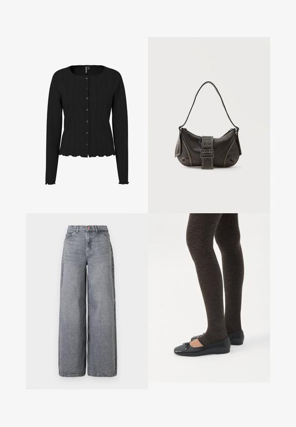 Sort langærmet cardigan med ribbet tekstur, rund halsudskæring og bølget kant. Har knaplukning foran og diskret detaljering.; Bredde ben denim jeans i en falmet grå vask, med fem lommer, en knaplukning og en blød tekstur med subtile fældningsdetaljer.; Ben iført mørke ribbede leggings kombineret med sorte balletsko med små sløjfedetaljer på hvid baggrund.; Sort læder skuldertaske med spænde på remmen, afrundede kanter og kontrasterende hvide syninger på en ensfarvet baggrund.
