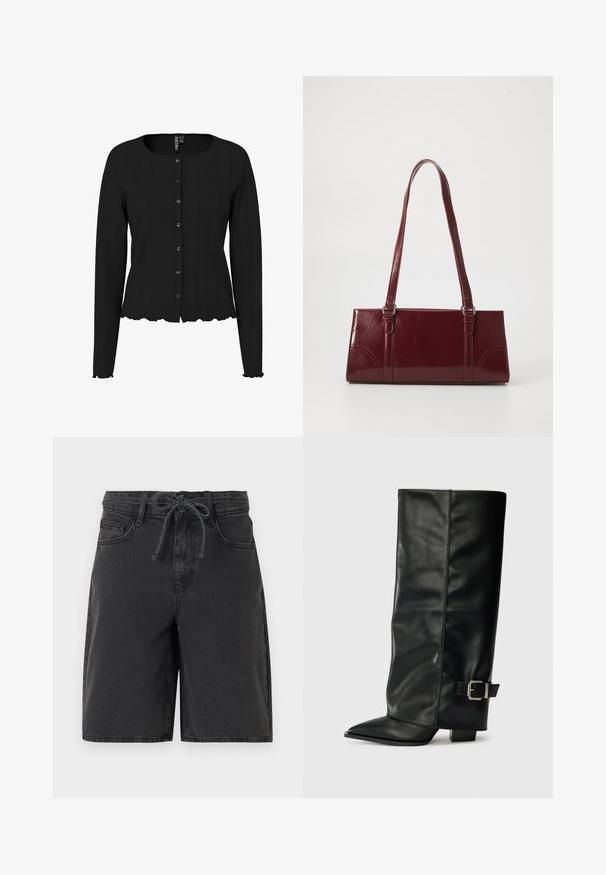 Schwarze Strickjacke mit langen Ärmeln, rippierter Textur, rundem Ausschnitt und gewelltem Saum. Mit Knopfleiste und dezenten Details.; Schwarze Jeansshorts mit Gürtelschlaufen, Fronttaschen und einem gebundenen Kordelzug in der Taille, dargestellt vor einem schlichten Hintergrund.; Schwarze Lederstiefeletten in Knöchellänge mit spitzem Zehenbereich, glatter Oberfläche und silberner Schnallenakzent an der Seite. Massiver, quadratischer Absatz.; Burgunderfarbene Handtasche aus glänzendem Material, rechteckige Form, mit zwei Schulterriemen und subtilen, geschwungenen Akzenten an der Vorderseite.