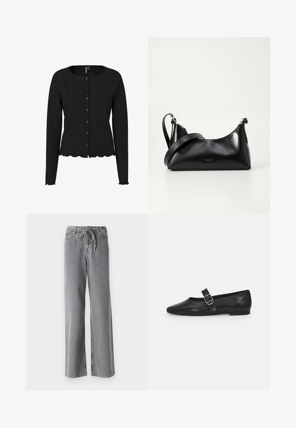 Schwarze Strickjacke mit langen Ärmeln, rippierter Textur, rundem Ausschnitt und gewelltem Saum. Mit Knopfleiste und dezenten Details.; Graue weit geschnittene Jeans aus Denim, mit einem Kordelzugbund und zwei Vordertaschen. Die Textur ist weich und hat ein leicht verwaschenes Finish.; Schwarzer Lederflatschuh mit runder Zehenform, einem verstellbaren Schnallenriemen und einer glatten, glänzenden Oberfläche. Minimalistisches Design mit einem niedrigen Absatz.; Schwarze lederne Handtasche mit glatter Textur. Verfügt über einen verstellbaren Riemen und ein elegantes, minimalistisches Design mit einem Reißverschluss.