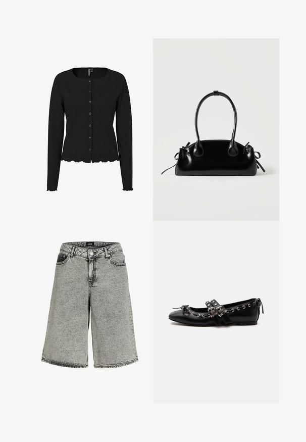 Schwarze Strickjacke mit langen Ärmeln, rippierter Textur, rundem Ausschnitt und gewelltem Saum. Mit Knopfleiste und dezenten Details.; Jeansshorts in ausgebleichtem Schwarz mit lockerer Passform, hoher Taille, Fünf-Taschen-Design und sichtbaren Nähte.; Schwarzer flacher Ballettschuh mit doppelten Schnallenriemen, silbernen Ösen und einer kleinen Schleife nahe der abgerundeten Spitze auf weißem Hintergrund.; Kleine schwarze glänzende Handtasche mit zwei langen Griffen und seitlichen Kordelzug-Details vor einfachem hellem Hintergrund.