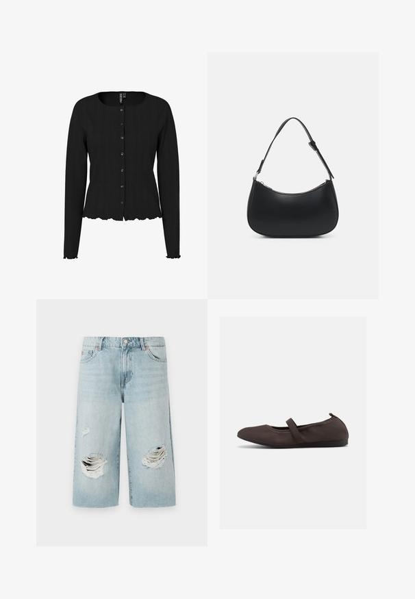 Schwarze Strickjacke mit langen Ärmeln, rippierter Textur, rundem Ausschnitt und gewelltem Saum. Mit Knopfleiste und dezenten Details.; Helle blaue Denim-Shorts mit lockerer Passform, die vorne zwei große, ausgefranste Risse aufweisen. Fünf Taschen und ein sichtbarer Metallknopfverschluss.; Brauner Ballettschuh mit elastischem Riemen und abgerundeter Spitze, seitliche Ansicht vor weißem Hintergrund.; Pieces PCALUANA SHOULDER BAG - Handtasche - black