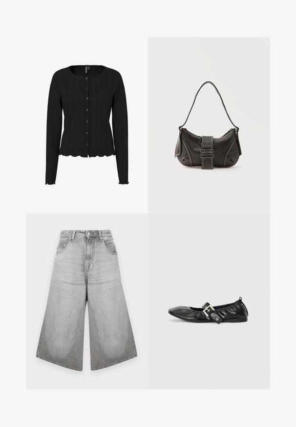Schwarze Strickjacke mit langen Ärmeln, rippierter Textur, rundem Ausschnitt und gewelltem Saum. Mit Knopfleiste und dezenten Details.; Graue Denim-Shorts mit weitem Bein und hoher Taille, ausgestattet mit einem Knopf- und Reißverschluss, Gürtelschlaufen, zwei Fronttaschen und einem verwaschenen Finish.; Schwarze Leder-Ballerinas mit spitzem Zehenbereich, gerafften Details am Schaft und einem silbernen Schnallenakzent am verstellbaren Riemen.; Schwarze Leder-Schultertasche mit Schnallengurt-Detail, abgerundeten Kanten und kontrastierenden weißen Nähten auf schlichtem Hintergrund.