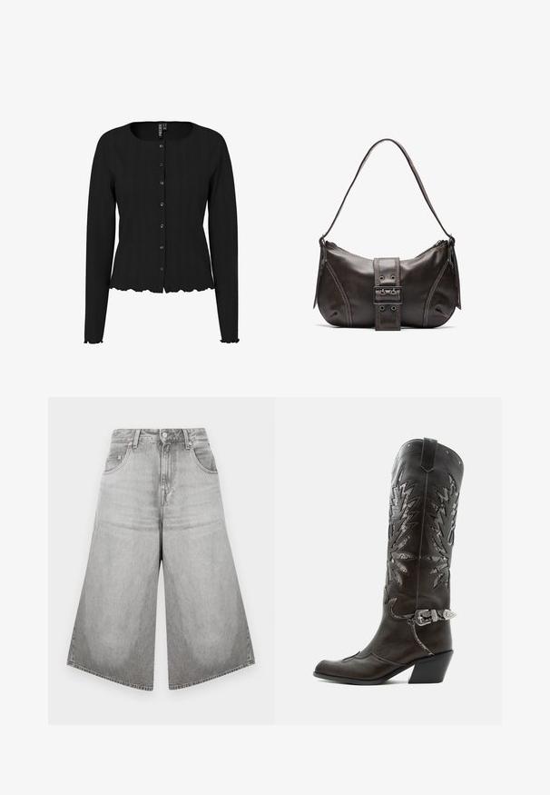 Sort langærmet cardigan med ribbet tekstur, rund halsudskæring og bølget kant. Har knaplukning foran og diskret detaljering.; Grå brede denimshorts med høj talje, der har en knap- og lynlåsåbning, bæltestropper, to frontlommer og en falmet finish.; Sort læder cowboystøvle med dekorative udskæringer, sølvspænde og skrå hæl, vist på hvid baggrund.; Brun læder skuldertaske med en buet form, der har et fremtrædende spænde, kontrasterende syninger og en enkelt skulderrem.